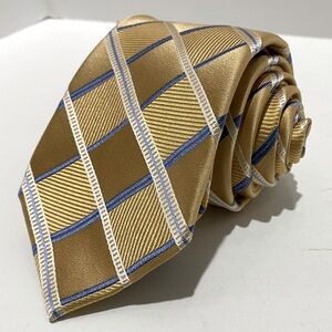 Michael Kors 100% Silk Tie Gold Tan and Blue Geometric Diamond Square 59" Luxury